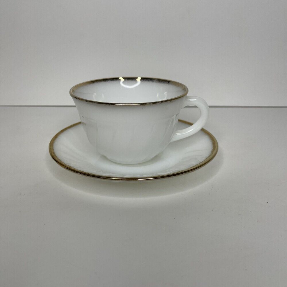 (1) Vintage Fire King Glass Cup Teacup Saucer White Swirl Gold‎ Rim Oven Ware